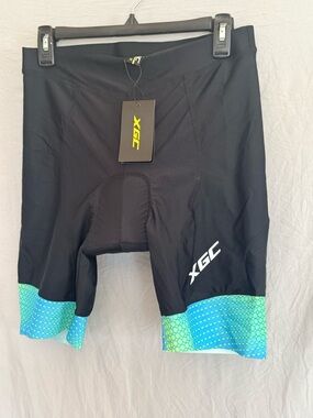 XGC Women’s Cycling Shorts in Black with Teal and Green Accent at Thigh